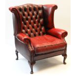 VINTAGE RED LEATHER BUTTON UPHOLSTERED WING BACK ARMCHAIR