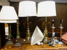 ASSORTED TABLE LIGHTING: including pair of empire-style brass table lamps with eagle columns (6)