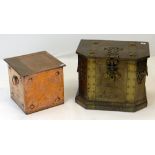 TWO ARTS & CRAFTS METAL PURDONIUMS, one of chest form with brass clasps, the other planished