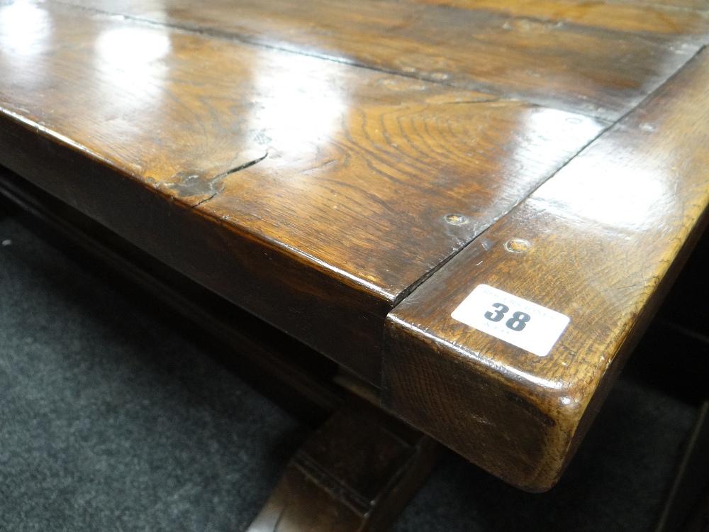 ANTIQUE ELM REFECTORY TABLE the four plank top with cleated ends on square baluster trestle end - Image 6 of 15