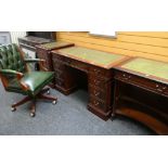 REPRODUCTION MAHOGANY DESK WITH ASSOCIATED OFFICE FURNITURE SIMILAR and a green button upholstered