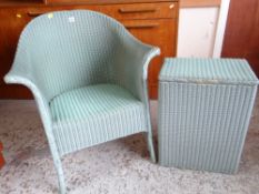 MID-CENTURY LLOYD LOOM TEAL COLOURED ARMCHAIR & LAUNDRY BASKET (2)