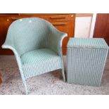 MID-CENTURY LLOYD LOOM TEAL COLOURED ARMCHAIR & LAUNDRY BASKET (2)