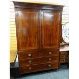 LATE 19TH CENTURY MAHOGANY & SATINWOOD STRUNG LINEN PRESS fielded doors enclosing five sliding