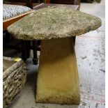 ANTIQUE COMPOSITION STADDLE STONE, 51cms high