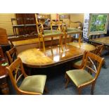 REPRODUCTION GEORGIAN-STYLE YEW WOOD EXTENDING DINING TABLE, eight chairs and breakfront