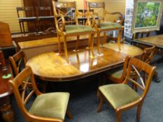 REPRODUCTION GEORGIAN-STYLE YEW WOOD EXTENDING DINING TABLE, eight chairs and breakfront