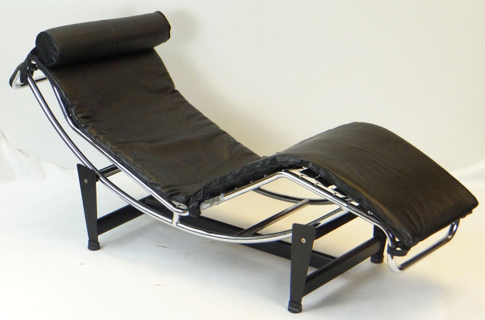 LE CORBUSIER-STYLE 'LC4' TYPE CHAISE LONGUE, bowed chrome frame, simulated leather upholstery with