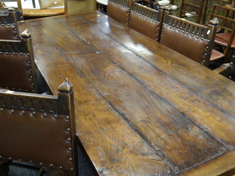 ANTIQUE ELM REFECTORY TABLE the four plank top with cleated ends on square baluster trestle end