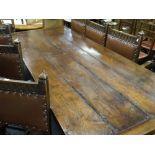ANTIQUE ELM REFECTORY TABLE the four plank top with cleated ends on square baluster trestle end