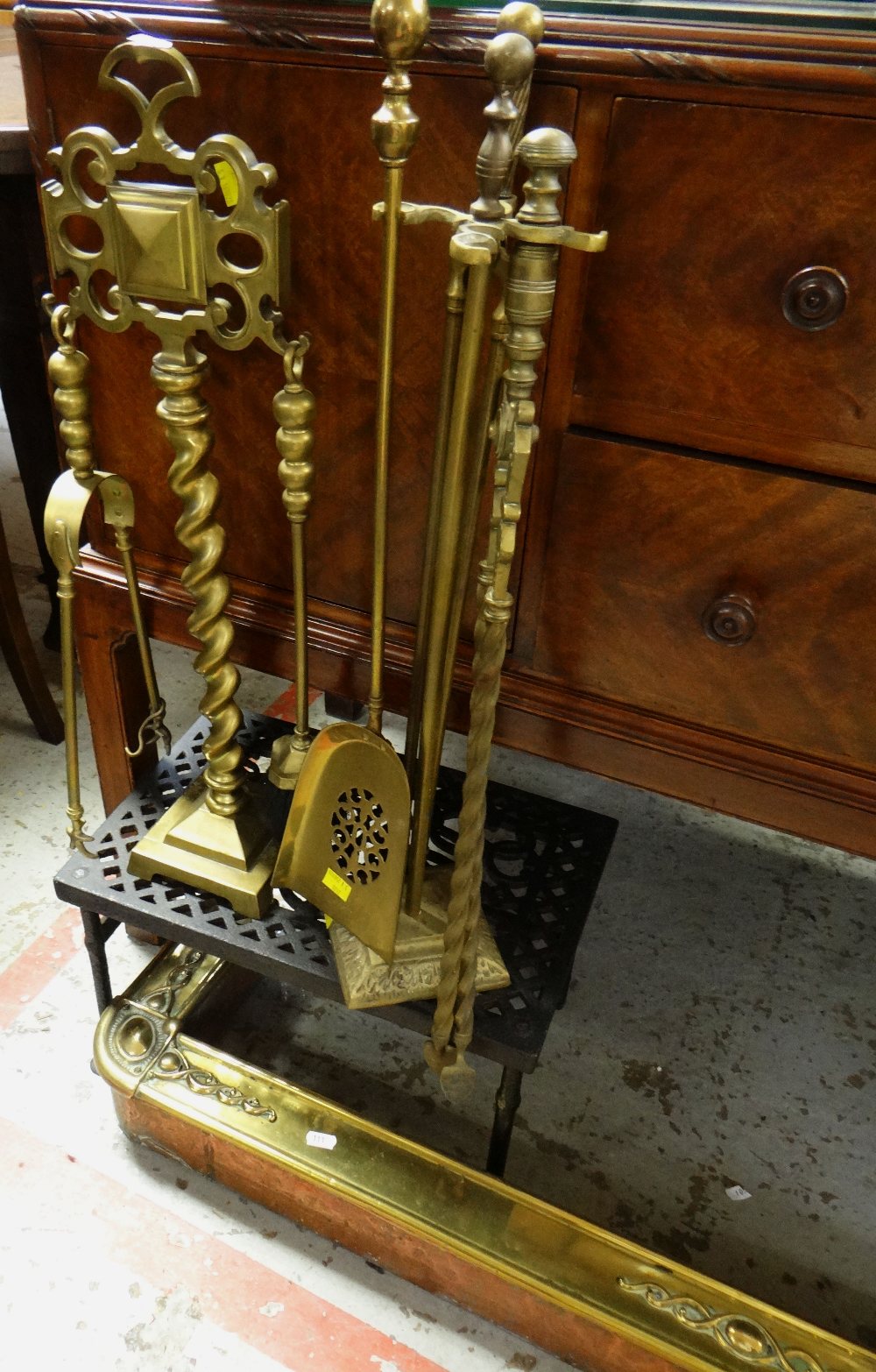 ASSORTED METALWARE including brass fire antiques, copper warming pans, cast iron trivets, enameled - Image 2 of 2