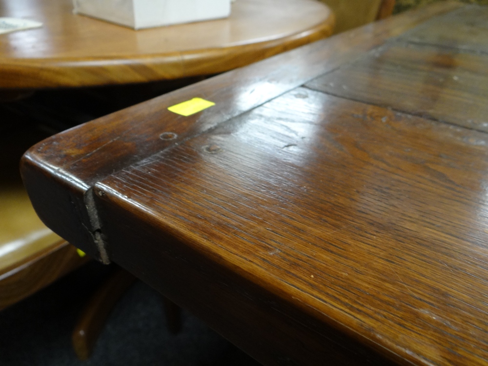 ANTIQUE ELM REFECTORY TABLE the four plank top with cleated ends on square baluster trestle end - Image 9 of 15