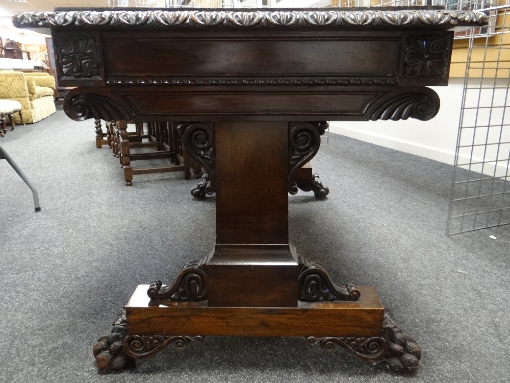 FINE GEORGE IV GILLOWS-STYLE ROSEWOOD CARVED LIBRARY TABLE, bold foliate carved and ebonised edge - Image 28 of 34