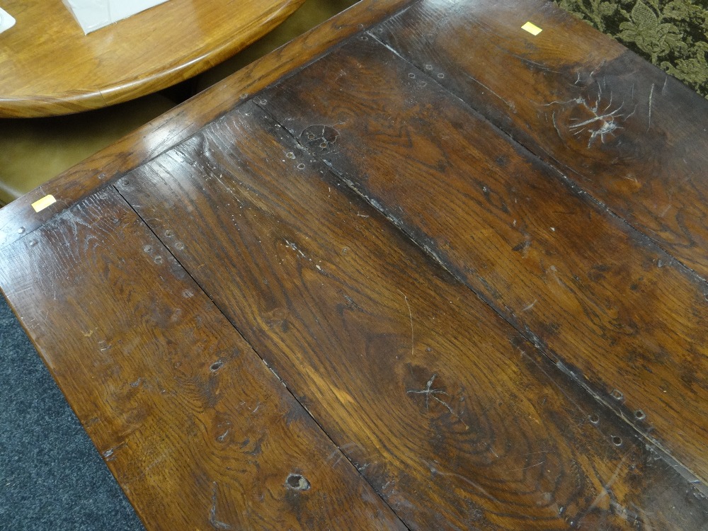 ANTIQUE ELM REFECTORY TABLE the four plank top with cleated ends on square baluster trestle end - Image 12 of 15