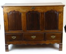 18TH CENTURY OAK MULE CHEST with hinged top above three fielded panels, brass draw pulls, 135 x 50 x