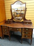 EDWARDIAN MAHOGANY & SATINWOOD CROSS BANDED SHERATON-STYLE DRESSING TABLE, shield shaped mirror