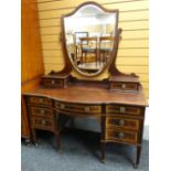 EDWARDIAN MAHOGANY & SATINWOOD CROSS BANDED SHERATON-STYLE DRESSING TABLE, shield shaped mirror