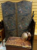 ASSORTED DECORATIVE FURNISHINGS including four leaf Chinoiserie printed screen, two copper warming