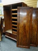 GOOD 19TH CENTURY FLAME MAHOGANY WARDROBE, with angled cornice, fitted bank of slides and shoe-