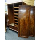 GOOD 19TH CENTURY FLAME MAHOGANY WARDROBE, with angled cornice, fitted bank of slides and shoe-