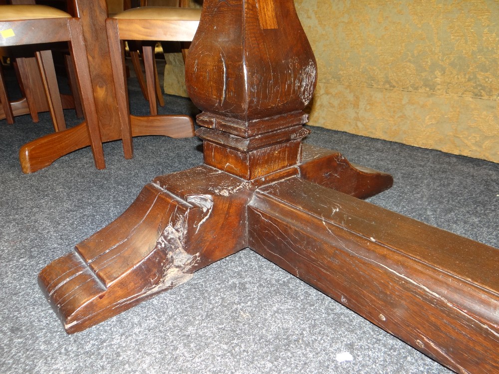 ANTIQUE ELM REFECTORY TABLE the four plank top with cleated ends on square baluster trestle end - Image 2 of 15