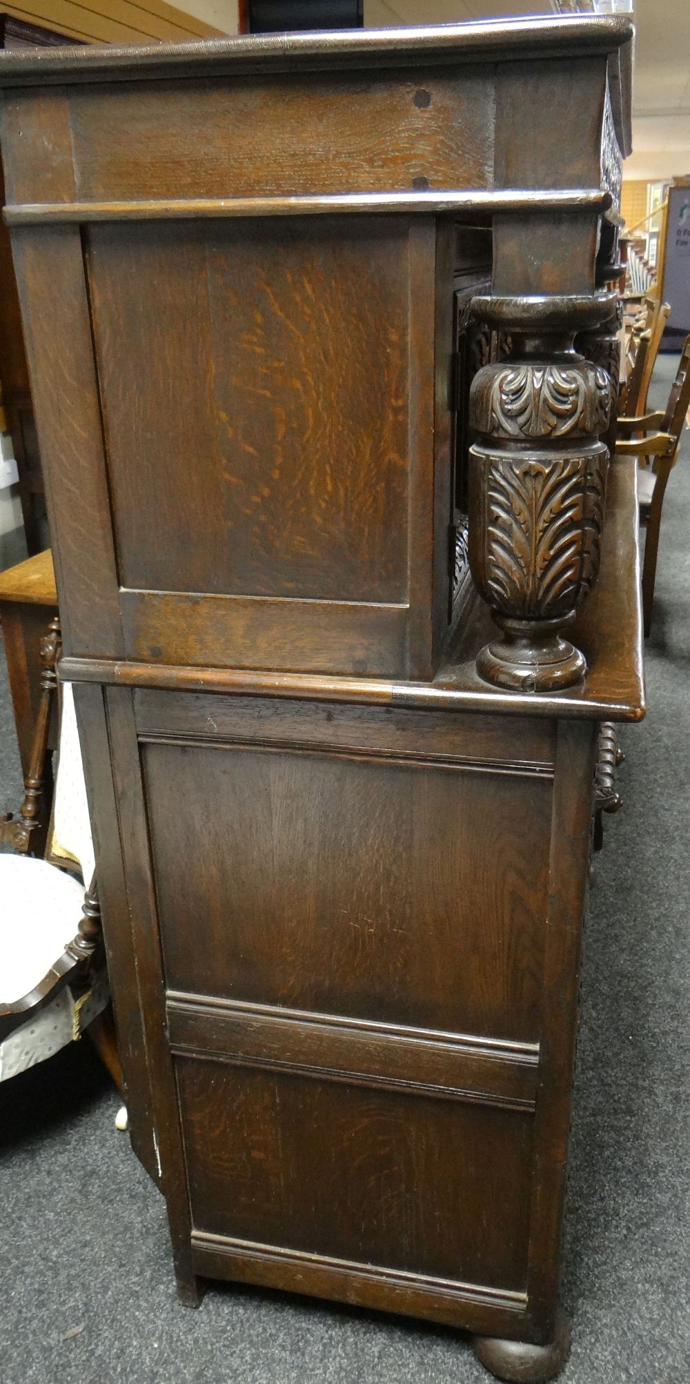 REPRODUCTION ELIZABETHAN-STYLE CARVED OAK COURT CUPBOARD, top section of three cupboards above - Image 4 of 4