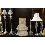 ASSORTED TABLE LIGHTING including pair of tall cut glass shaded table lamps, three others in