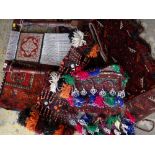 SMALL ASSORTED GROUP OF ORIENTAL WEAVINGS including a small loom, a bag, an Afghan border camel or