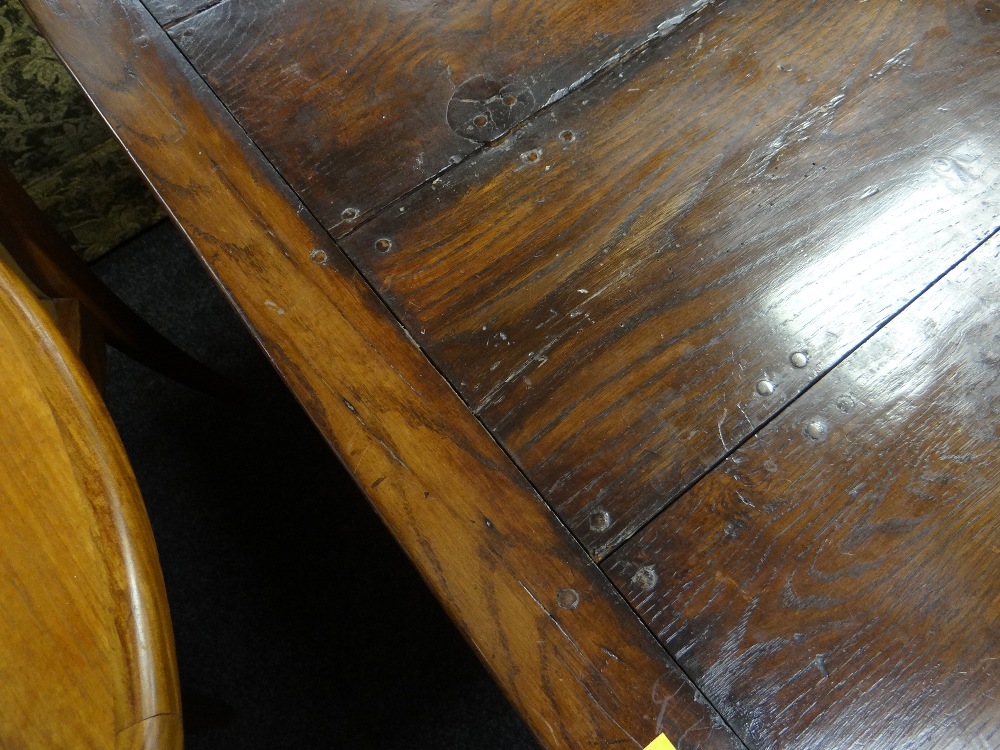 ANTIQUE ELM REFECTORY TABLE the four plank top with cleated ends on square baluster trestle end - Image 10 of 15