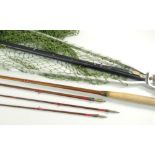HARDY THREE-PIECE GREENHEART FLY ROAD with spare tip, 8ft 11in and a Hardy landing net (2)