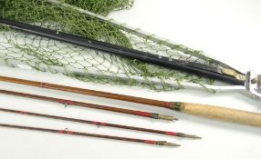 HARDY THREE-PIECE GREENHEART FLY ROAD with spare tip, 8ft 11in and a Hardy landing net (2)