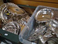 ASSORTED SILVER PLATED DISHES & BASKETS including chafing dish, salvers, cake baskets, egg cruet (no