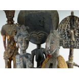 FIVE VARIOUS AFRICAN CARVINGS including large Ashanti doll, 104cms, large Kota reliquary guardian,