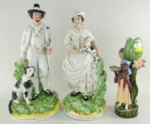 PAIR OF VICTORIAN STAFFORDSHIRE FLAT BACK FIGURES OF SHEPHERD & SHEPHERDESS, 41cms high and Austrain