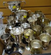 ASSORTED SILVER PLATED TROPHY CUPS & WINE GOBLETS