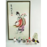 SEVEN CHINESE INSIDE PAINTED GLASS OR PORCELAIN SNUFF BOTTLES, Qi Baishi-style painted marble plaque