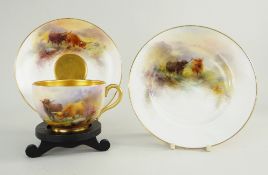 ROYAL WORCESTER PORCELAIN CABINET TRIO, painted by Harry Stinton with highland cattle (3)