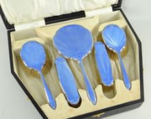 GOOD GEORGE V SILVER & GUILLOCHE ENAMEL VANITY SET, SHEFFIELD 1929 by Walker & Hall, in satin and