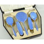 GOOD GEORGE V SILVER & GUILLOCHE ENAMEL VANITY SET, SHEFFIELD 1929 by Walker & Hall, in satin and