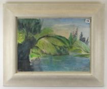 JOHN MELVILLE (1902-1986) watercolour - view of a river, titled 'Llandrindod Wells', signed and