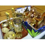 ASSORTED VINTAGE COPPER & BRASS including four 19th Century candlesticks, 19th Century chamber