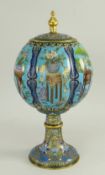 CHINESE CLOISONNE ENAMEL LOBED GLOBULAR VASE & COVER decorated with plants in vases, socle base,