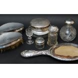 ASSORTED SILVER & GLASS DRESSING TABLE ITEMS TO INCLUDE a pair of engine turned silver brushes, four
