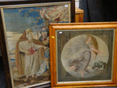 TWO VICTORIAN BERLIN WOOLWORK PICTURES depicting Ruth at the Well and Victory, one in maple frame,
