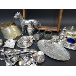 COLLECTION OF PLATED ITEMS including three-piece condiments set on tray, mounted horse hoof with