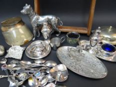 COLLECTION OF PLATED ITEMS including three-piece condiments set on tray, mounted horse hoof with