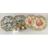 PAIR OF WEDGWOOD RED & GOLD PRINTED CABINET PLATES together with Spode limited edition (54/500)