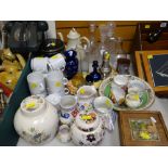 ASSORTED CHINA & GLASS including pair of decanters, four 'L E' pattern Poole vases and 1960s pine