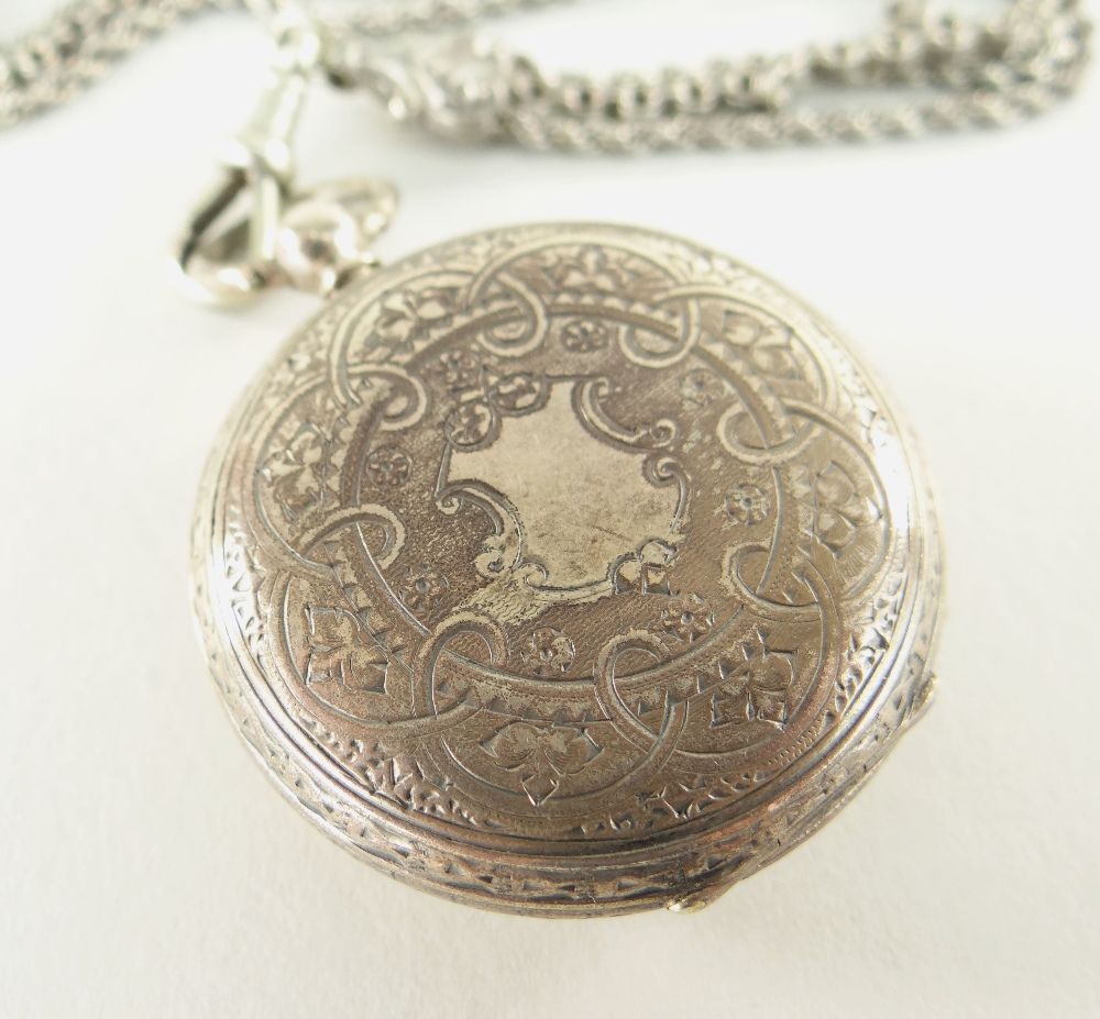VICTORIAN SILVER LADIES FOB WATCH with gold oak leaf bezel and multi-strand silver Albert with - Image 5 of 6