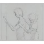 HARRY HOLLAND pencil drawing - two figures, entitled verso on Martin Tinney Gallery label 'Homage to